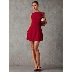 -Item Id 41134450 -Details: Backless, Button, Zipper -Neckline: Round Neck -Style: Elegant -Type: A Line -Waist Line: Natural -Hem Shaped: Flared -Color: Burgundy -Pattern Type: Plain -Sleeve Length: Sleeveless -Fit Type: Regular Fit -Length: Mini -Material: Woven Fabric -Composition: 98% Polyester, 2% Elastane -Lining: 100% Polyester -Care Instructions: Machine Wash, Do Not Dry Clean -Sheer: No -Fabric: Medium Stretch -Body: Lined **Open To Offers!!!** **Bundle To Save More** **30% Off Bundles Mini Dress Homecoming, Dress High Neck, Dress Homecoming, Dress Women Elegant, Vacation Outfit, Light Academia, Wedding Night, Fabric Medium, Sleeveless Mini Dress