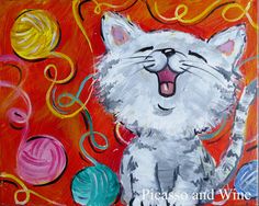 a painting of a white cat with balls of yarn on it's chest and mouth