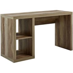 a wooden desk with open shelves on the bottom and one shelf at the top that is made out of wood