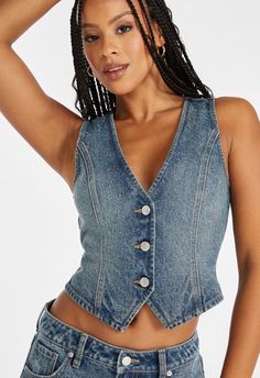 Tailored Denim Vest Jean Vest Top, Denim Vest Top, Thrift Manifestation, Jean Vest, Outerwear Vest, Vest Shirt, Vest Top, Denim Vest, Style Ideas