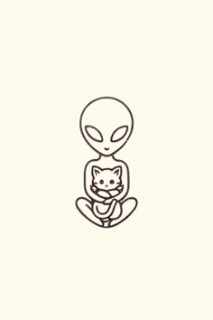 an alien is holding a cat in its arms and sitting on the ground with his eyes closed