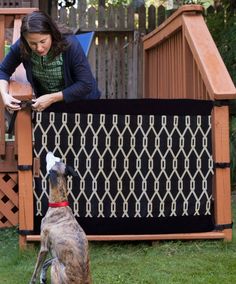 a woman standing next to a dog on top of a grass covered field in front of a wooden fence