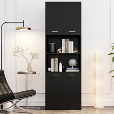 a living room with a chair, bookshelf and vases on the table