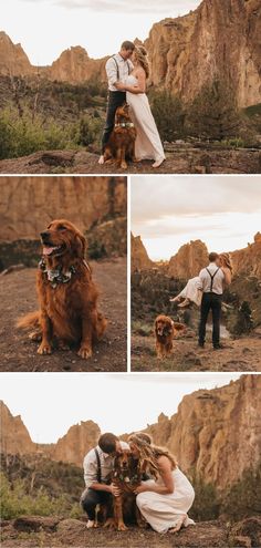 a couple and their dog posing for pictures in the mountains