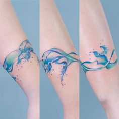 three different images of the same tattoo on someone's arm, one is blue and green