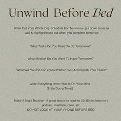 a poster with the words unwind before bed