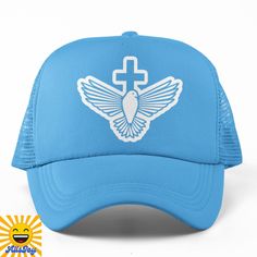 Descending Dove With Cross Print. - Adult Unisex One Size Fits Most. - 5 Panel Structured Foam Trucker Hat. - Mesh Back. - Matching Color Braid. - Plastic Adjustable Snap. - Pre Curved Visor. - Polyester. New. Custom Made From Our Family For The Family In Faith. God Bless. Allsjoy Church Merch, Music And The Brain, Christian Hats, Christian Stuff, Hats Snapback, The Holy Spirit, City Design, Light Blue Color, Snapback Cap