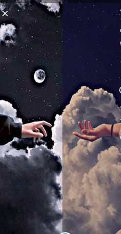 two images with hands reaching out to each other in the sky and clouds above them