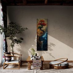 a living room with two chairs and a painting on the wall above them that has a plant in it