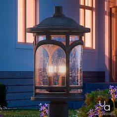 a light that is sitting in the grass near some bushes and flowers on the side of a building