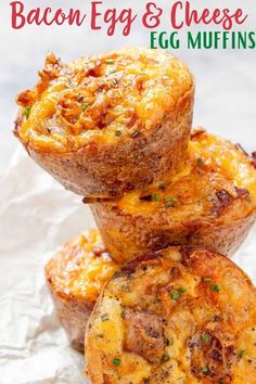 bacon egg and cheese muffins stacked on top of each other with text overlay