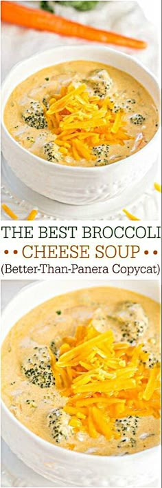 two bowls of broccoli cheese soup with carrots