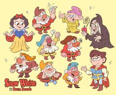 snow white and the seven dwarfs cartoon character set with various poses, expressions and facial expressions