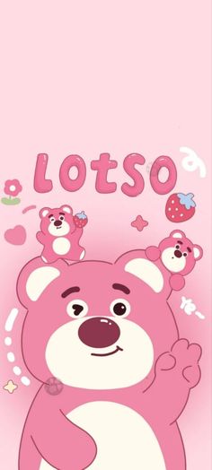 a pink teddy bear with lots of hearts on it's chest and the words lotso above it