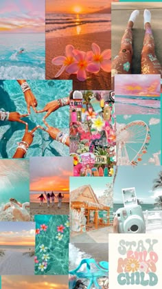 a collage of pictures with people on the beach