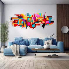 a modern living room with blue couches and large painting on the wall behind it