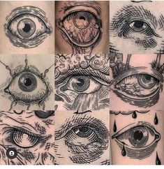 several pictures of different types of tattoos on someone's arm and leg, including an eye