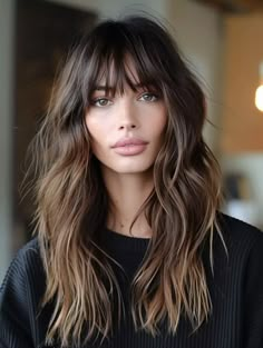 Brunette Hair With Bangs, Long Textured Hair, Curly To Straight Hair, Shag Haircut Ideas, Curly To Straight, Long Shag Hairstyles, Rambut Brunette, Long Shag Haircut, Long Shag