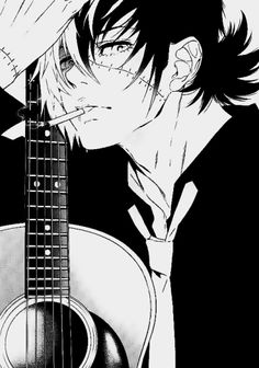 an anime character holding a guitar with his hand over his face and looking at the camera