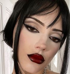 #dramatic #burgundy #makeupoftheday Red Lipstick Goth Makeup, Hollywood Style Makeup, Dark And Moody Makeup, Vampire Makeup Dark Skin, Black And Red Lip Combo Makeup Look, Morticia Inspired Makeup, Different Aesthetics Makeup, Vampire Hair And Makeup, Vampire Makeup Asian