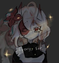 an anime character with blonde hair and red eyes, wearing a black shirt that says sorry sie