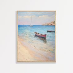 a painting of two boats in the water on a beach with blue sky and white clouds