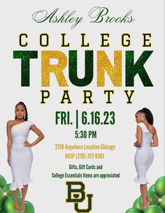 an advertisement for college trunk party featuring two women in white dresses and green shamrocks