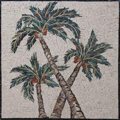 two palm trees are depicted on a mosaic tile wall