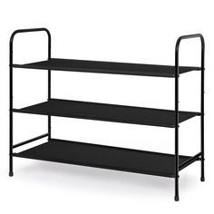 three tiered shelf with wheels on each side and two shelves at the bottom, black