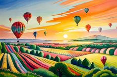 a painting of hot air balloons flying in the sky over a field with trees and hills