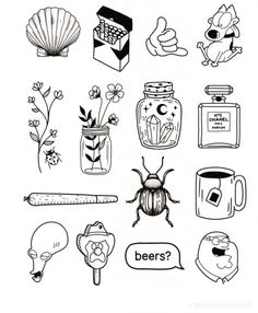 a black and white drawing of various items