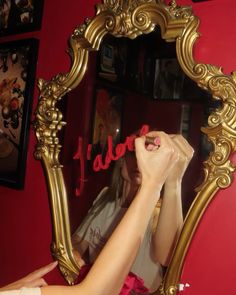 Mirror decor for red love themed party Mirror Mirror On The Wall Party Theme, Writing On Mirror Photoshoot, White And Red Party Theme, Dark Red Valentine Aesthetic, Red Inspo Aesthetic, Red Party Theme Decorations, Event Moodboard Ideas, Red Bachelorette Party Decorations, Burgundy Theme Party