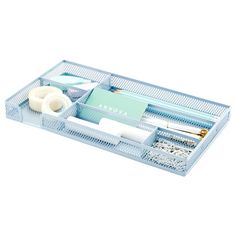 a blue tray with various items in it