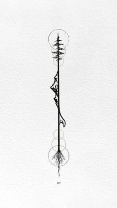 a black and white drawing of a tall pole with trees on it's side