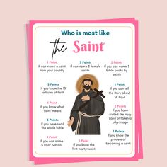 a card with the text who is most like the saint?