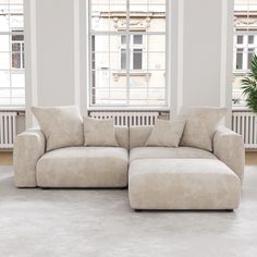 a white couch sitting in front of a window next to a potted palm tree