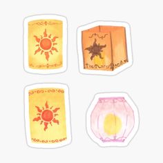 four square stickers with different designs and colors on each one, including the sun