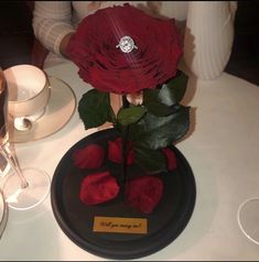 a red rose sitting on top of a black plate