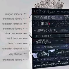 four books stacked on top of each other with the names of them in front of it