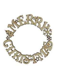 a wooden merry christmas wreath with snowflakes and stars on the bottom, in white background