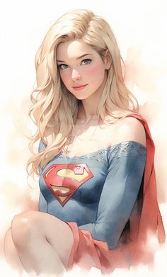 a drawing of a woman with blonde hair and a superman cape on her chest, sitting down