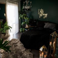 Let's Get Cozy Neon Sign Black Wall Green Bed, Green Accent House Decor, Open Space Bedroom Ideas, Dark Walls Decor, Neon Light Over Bed, Black White And Dark Green Living Room, Apartment Decor Vibes, Olive Boho Bedroom, Edgy Cozy Bedroom