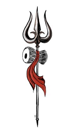 a drawing of a devil's head on top of a metal pole with a red scarf around it