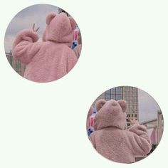 two pictures of pink teddy bears with one holding a cell phone and the other wearing a hoodie