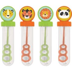 four plastic toothbrushes with animals on them