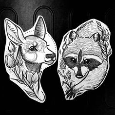 two stickers depicting foxes with flowers and leaves on their heads, one is black and white