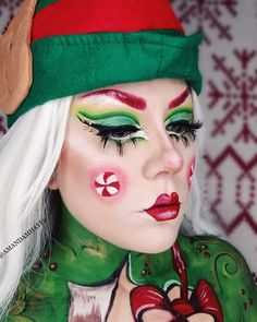 Elf Face Painting, Elf Makeup Looks Christmas, Elf Face Paint, Grinch Makeup, Cute Clown Makeup, Christmas Face Painting