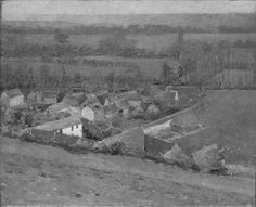 an old black and white photo of houses in the country side with trees on either side