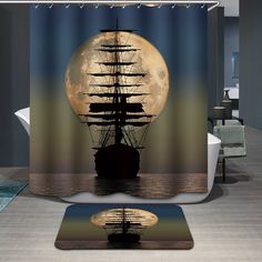 a shower curtain with an image of a ship in the ocean under a full moon