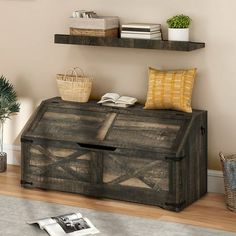 Bring rustic charm and practical storage to your home with the Farmhouse Storage Chest. Crafted from quality wood, this 39.4" trunk offers ample space for linens, toys, and more. The sloped top design adds visual interest and a handy display surface. Smooth-rolling casters allow easy mobility, while the safety hinge ensures gentle lid closure. Versatile for the entryway, bedroom, or living room, this farmhouse-inspired storage solution is a stylish and functional addition to any space. Specifica Large Toy Box, Pallet Chest, Wooden Storage Bench, Chest Ideas, Chest Storage, Storage Trunks, Storage Trunk, Entryway Bedroom, Lid Storage